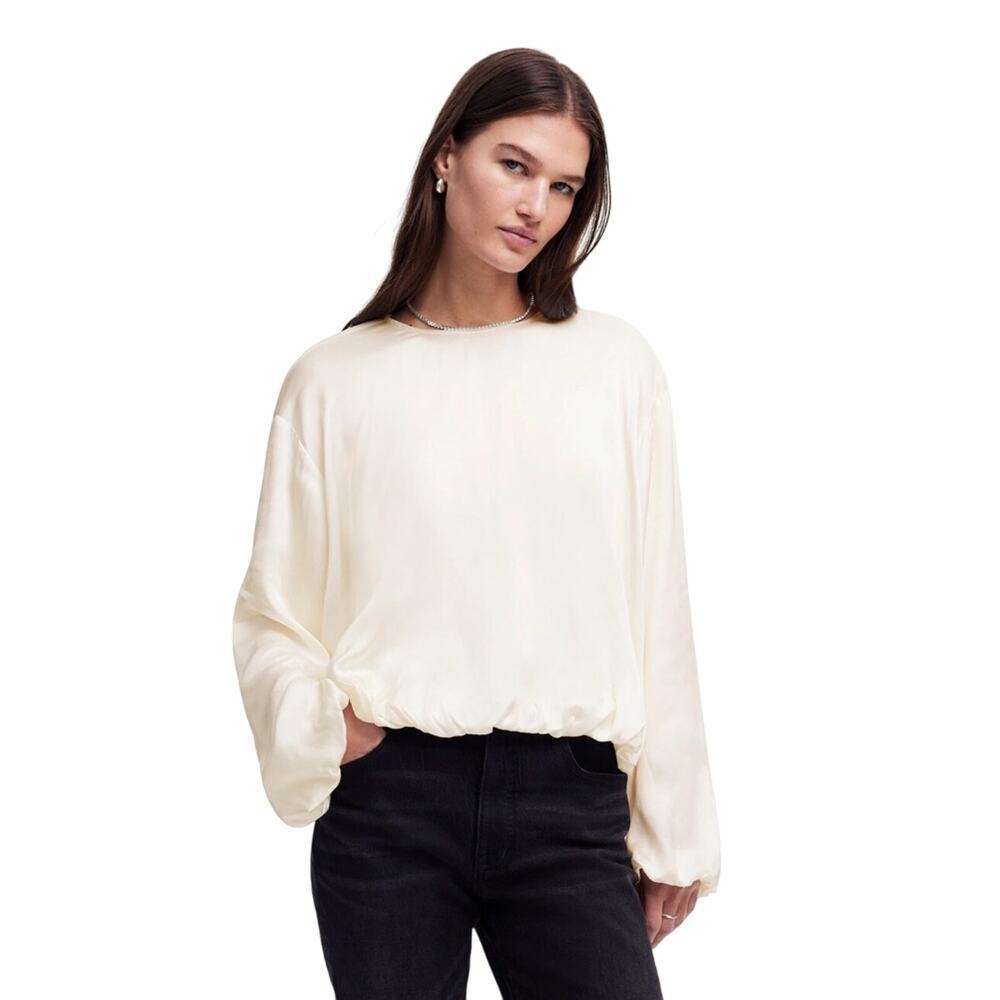 Madewell Satin Bubble Hem Blouse Cream White Jewel Neck Top NWT XS/0